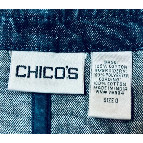 Chicos Dark Wash Denim Jacket Tan Boho Embroidery Chico’s 0 or Small - Picture 3 of 10